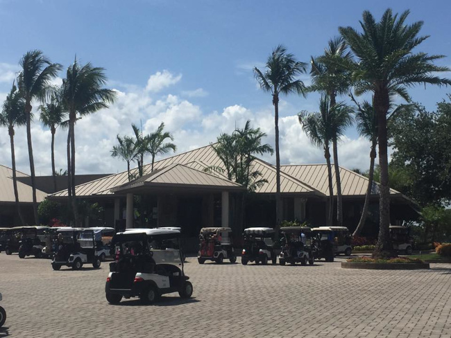 Commercial fleet of utility golf cars parked at a facility