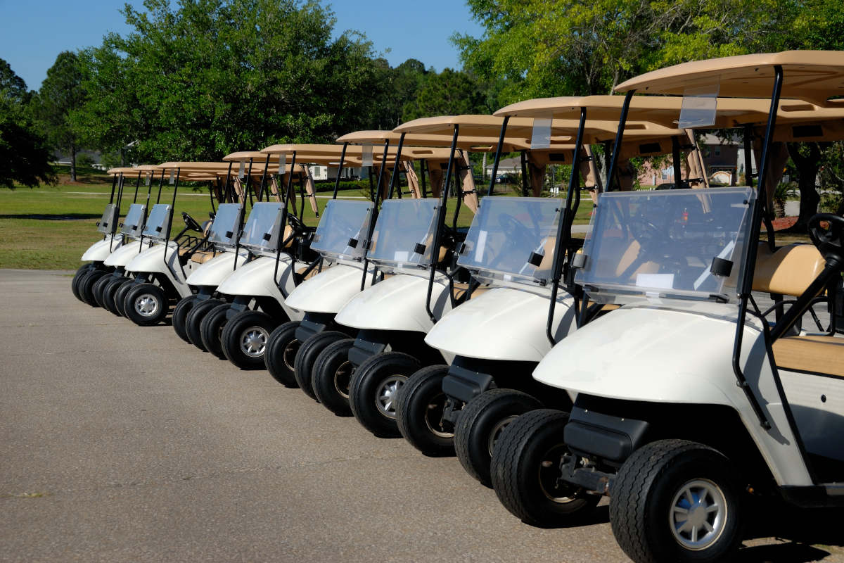 A long row of multi-passenger golf carts lined up outside